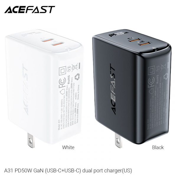 Củ sạc ACEFAST 2 cổng PD50W GaN (USB-C+USB-C) (US) - A31